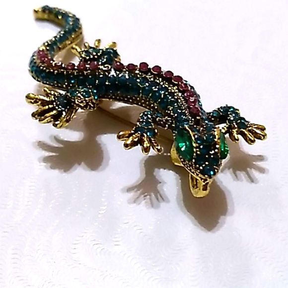 Green Multicolor Crystal Lizard Necklace Pin Broach on Diamond Cut 18k GD Chain - Picture 7 of 9